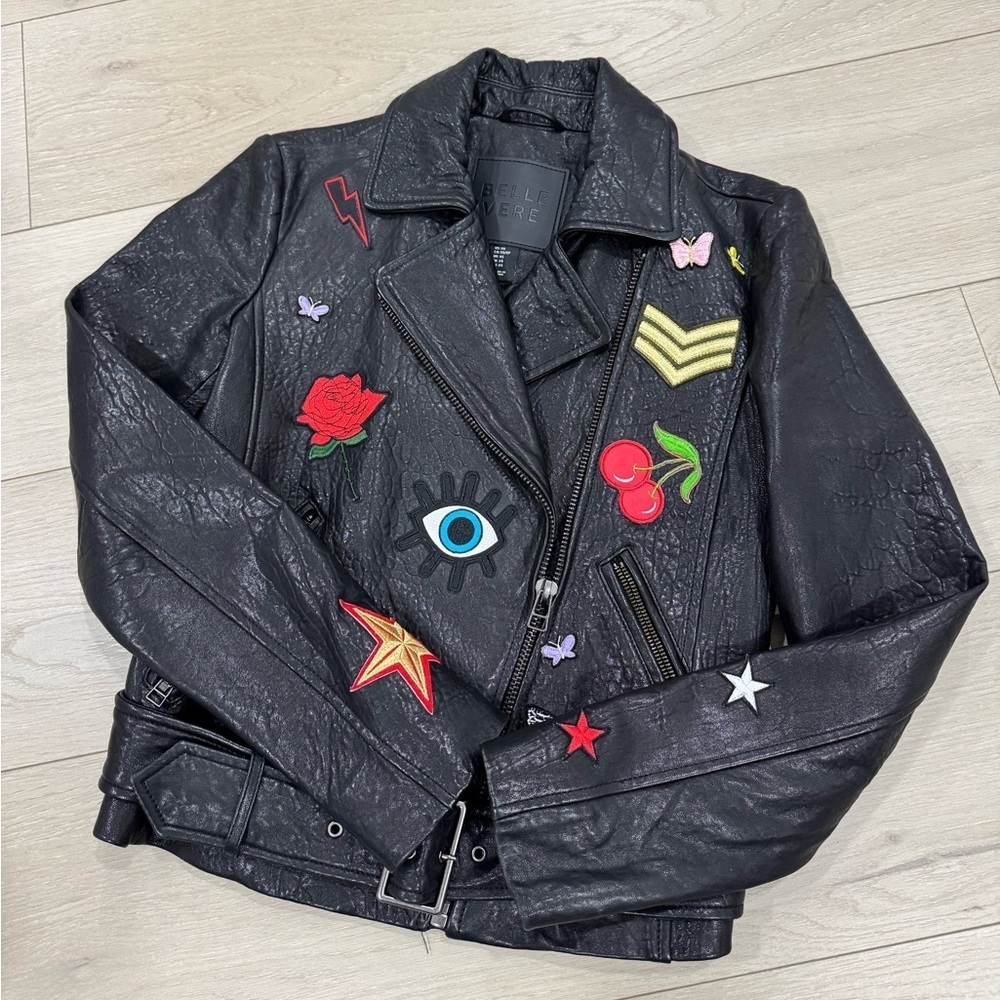 Belle Vere Leather Biker Jacket Emoji Patches - Picture 6 of 11